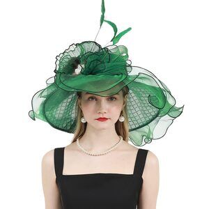 9636 Fascinator Women Organza Church Derby Hat Wide Brim Feather British